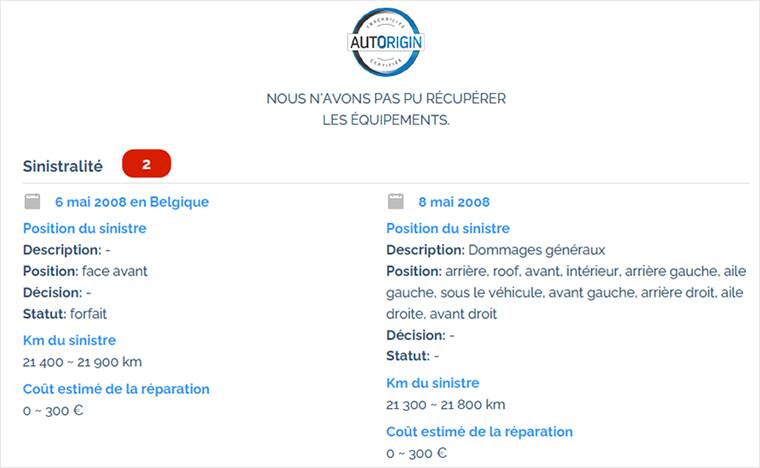 Parmi les rares intérêts de ces rapports d’historique payants, Autorigin livre une information sur les sinistres subies par la voiture. Image